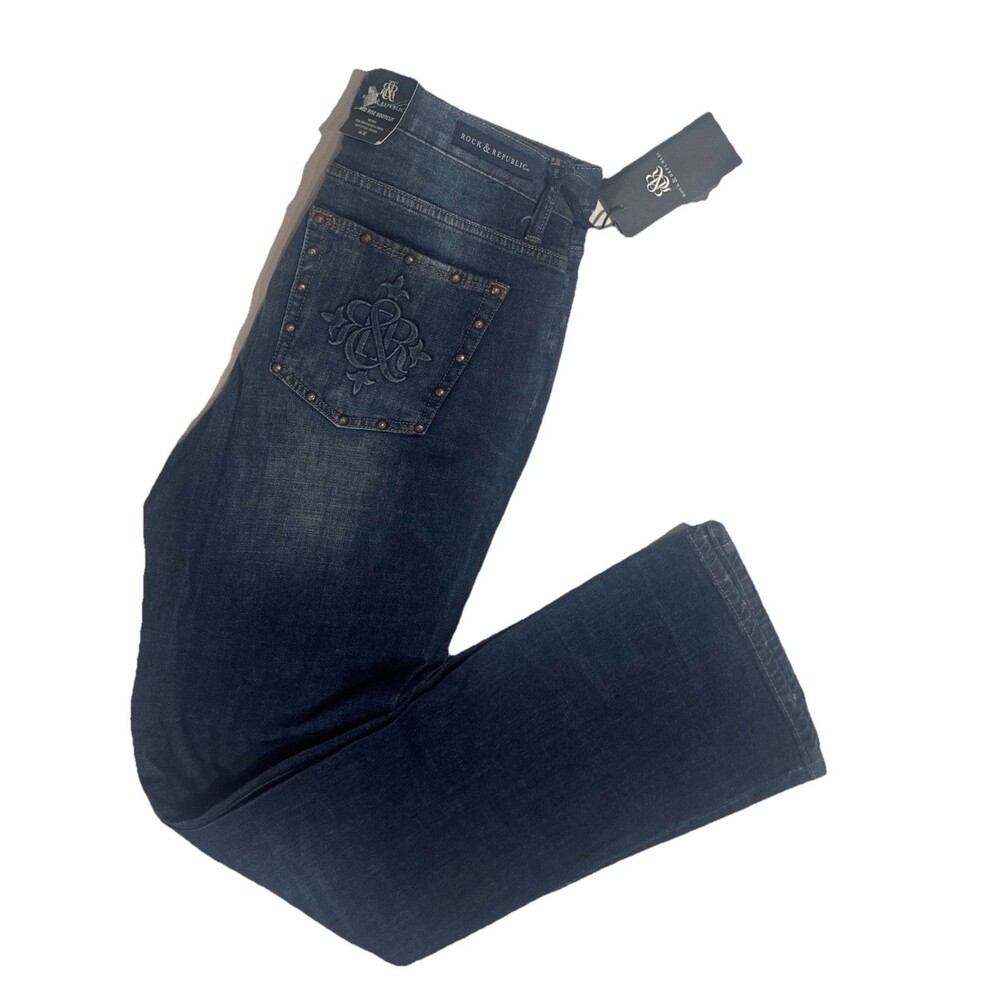 Rock Republic Jeans Womens 16M Blue Mid Rise Bootcut Distressed Rhinestone NWT